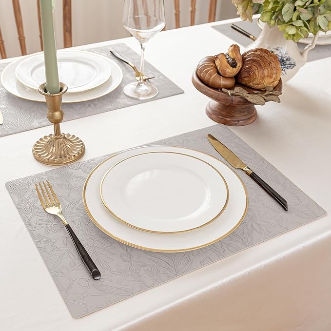 Romanstile Vinyl Placemats Set of 6-12 X 18 Inch - Heat Resistant Non-Slip Embossed Floral Place Mats 100% Waterproof Oilproof Wipeable Faux Leather Table Mats for Kitchen/Dining/Party, LightGrey