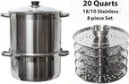5 Tier/Level 20 qt Uzbek 18/10 Stainless Steel Steamer Cooker Warmer w/Tempered Glass Cover for Dumplings, Ravioli, Vegetables, Fish, Manti, Mantovarka