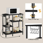 HOOBRO Bakers Rack with Power Outlet, Microwave Stand with 5 S-Shaped Hooks, Coffee Bar, Kitchen Storage Shelf, for Kitchen, Living Room, Black BB07UHB01
