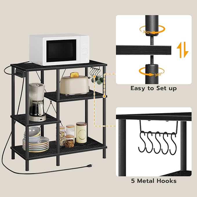 HOOBRO Bakers Rack with Power Outlet, Microwave Stand with 5 S-Shaped Hooks, Coffee Bar, Kitchen Storage Shelf, for Kitchen, Living Room, Black BB07UHB01