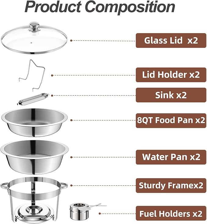 2 Packs Chafing Dish Buffet Set,8QT Round Glass Cover Stainless Steel Buffet Servers and Warmers, Thick Stand Frame Catering Chafe with Mirror Covers,Food Warmer for Party, Weddings,Picnic