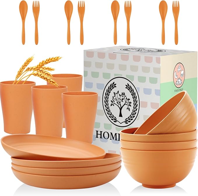 Homienly Wheat Straw Dinnerware Sets, 20pcs Unbreakable Microwave Dishwasher Safe Tableware Lightweight Bowls, Cups, Plates Set Reusable Dinner Plates Bowls set (Orange)
