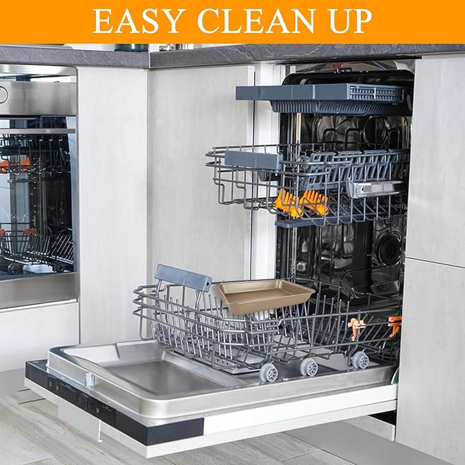 Non-Stick Cake Pan with Lid 9x13 Inch Gold Baking Cake Pan with Plastic Lid, High Sided Sheet Bakeware for Cakes, Brownies, Casseroles