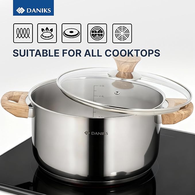 Daniks Oslo 6-Piece Stainless Steel Induction Cookware Set – Dishwasher Safe Pots with Heatproof Handles, Glass Lids, Silver