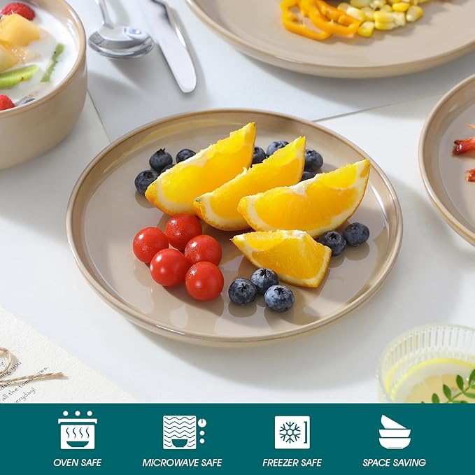 vancasso PLAYA Ceramic Plates and Bowls Sets, 24 Pieces Brown Dinnerware Sets for Kitchen, Reactive Glaze Dishes Set for 8, Dishwasher and Microwave Safe