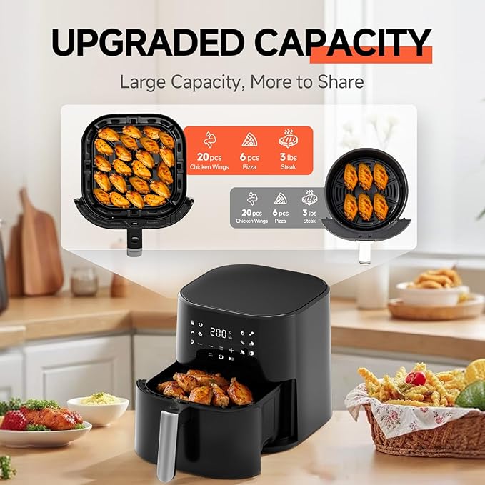 QIDO Air Fryer 8-in-1 with 5 QT Capacity,180°-450°F Precision Heating, Air Fry, Roast, Broil, Reheats, Dehydrates, Less Oil, Features Shake Reminder, Large Touch Display with Auto Menus, Compact Black