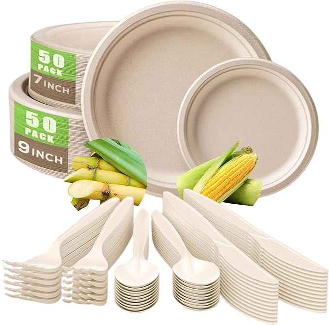 250 Piece Biodegradable Paper Plates Set – Sturdy Compostable Dinnerware with 7” & 9” Plates, Forks, Knives & Spoons – Eco-Friendly Disposable Party Supplies