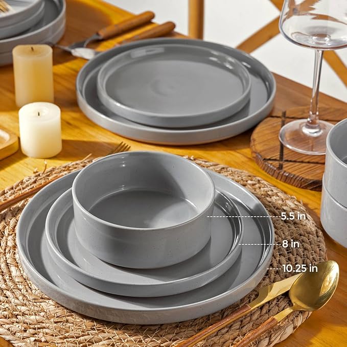 AmorArc Ceramic Dinnerware Set for 4 | Speckled Stoneware Plates and Bowls with unglazed terracotta | Scratch Resistant, Dishwasher & Microwave Safe Dishes Sets- 12-Pcs Gray