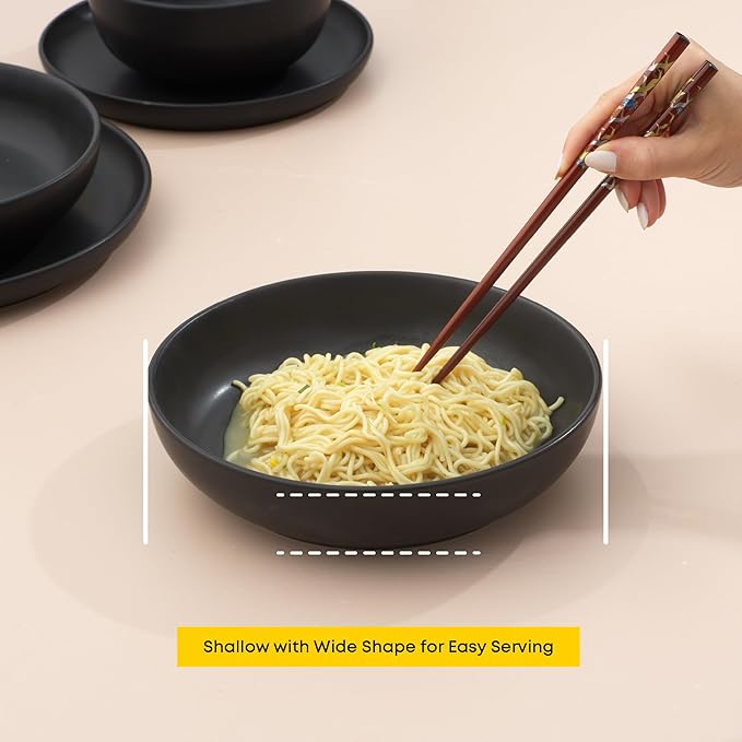 JoyJolt Mesa 40oz Stoneware Serving Bowls, Pasta Bowls Set of 4, Large Salad Pho Soup Bowls for Kitchen, Dishwasher and Microwave Safe Plate Bowls, Aesthetic Kitchen Essentials - Matte Black