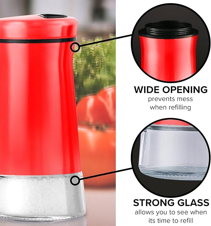 The Original Salt and Pepper Shakers set -Red- Spice Dispenser with Adjustable Pour Holes - Stainless Steel & Glass Set of 2 Bottles