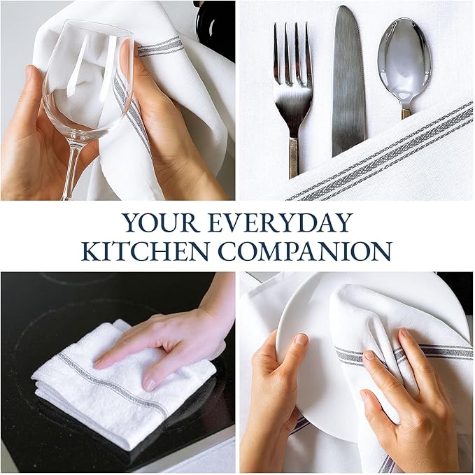 LANE LINEN Kitchen Hand Towels, 12 Pack Dish Towels for Kitchen Drying, 100% Cotton Super Absorbent Tea Towel, Quick Dry, 14"x25", Useful for Cleaning Countertops, Durable for Daily Use - Grey Stripe