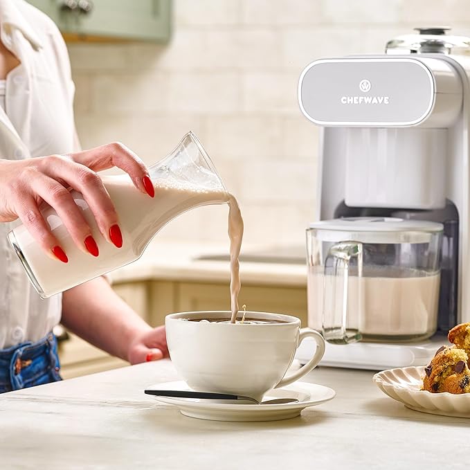 ChefWave Milkmade Non-Dairy Milk Maker (Silver/White)– 6-in-1 Vegan Plant-Based Milk Machine with Auto Clean, Delay Start & Glass Pitcher – Almond, Oat, Soy, Cashew, Coconut, Macadamia Milk Maker