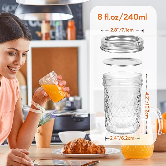 Mason Jars 8 oz with Lids&Bands 12Pack, Small Canning Jars 8 oz - Glass Jars with Lids for Oats/Jelly/Jams/Crafts/Candles