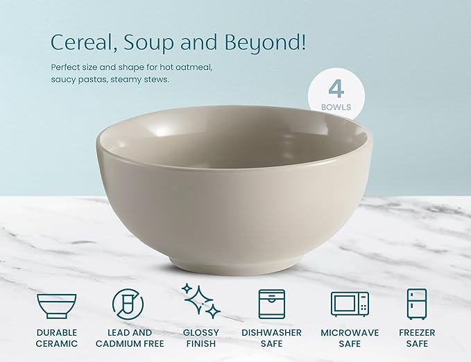 KooK Soup Bowls, Cereal Bowl, Ceramic, Bowls for Kitchen, Microwave, Dishwasher and Freezer Safe, Porcelain Dishes for Pasta, Salad, Oatmeal, Deep Interior, 20 oz, Set of 6, (Powder Grey)