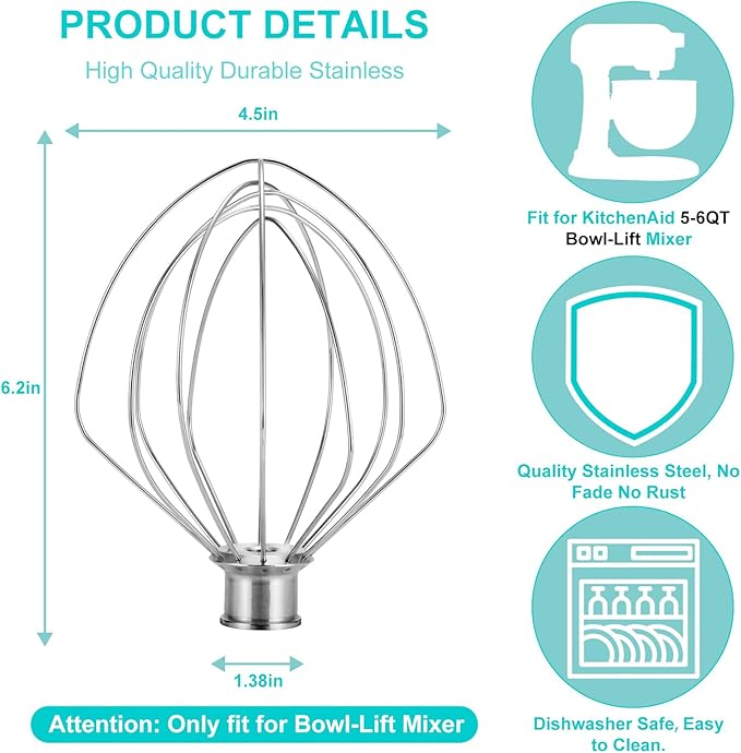 Wire Whip for KitchenAid Stand Mixer, airkitrep KN256 Stainless Steel Whisk Attachment, 6 Wire Whip Attachment Fits for Kitchen Aid 5-6 Quart Bowl-Lift Mixer, KP26, KD26, Pro 6500 Series Mixer