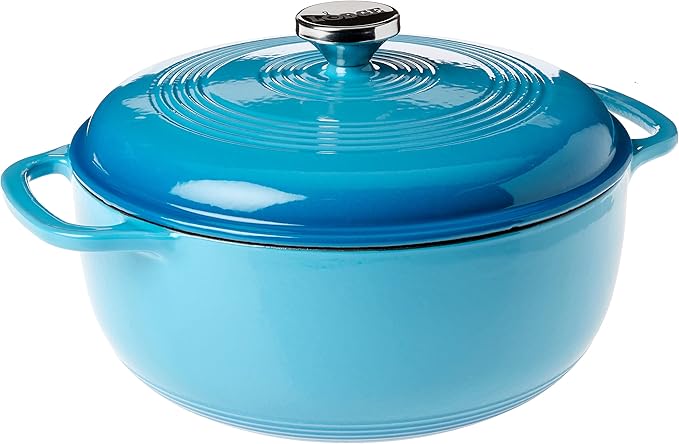 Lodge 6 Quart Enameled Cast Iron Dutch Oven with Lid – Dual Handles – Oven Safe up to 500° F or on Stovetop - Use to Marinate, Cook, Bake, Refrigerate and Serve – Cornflower Blue