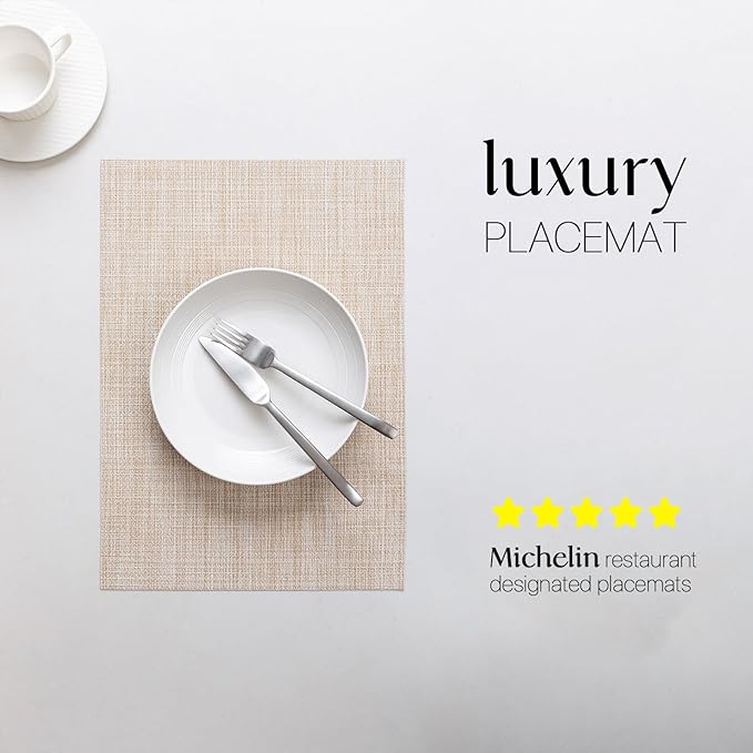 LEXMORE PVC Woven Placemats 6 PCS Wipeable Indoor/Outdoor Table Mats Washable Vinyl Place Mat for Dining Table, Set of 6-Beige White