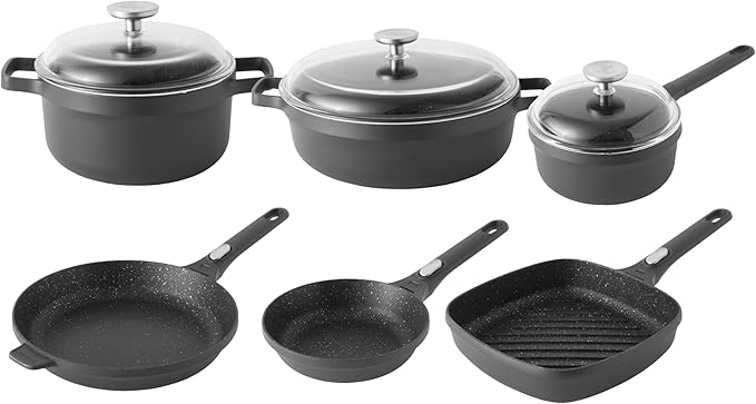 BergHOFF GEM 9Pc Non-stick Cookware Set, Best for Glass Top Cooktop and Gas Stove, Black