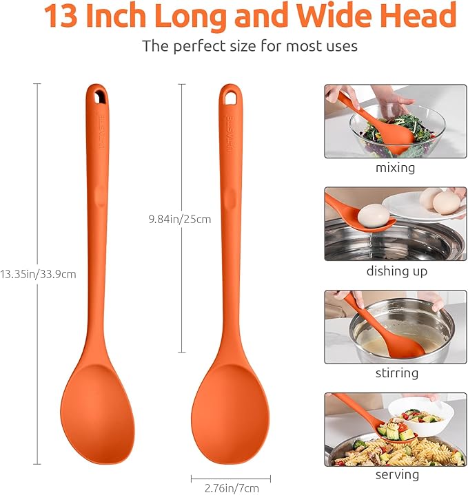 600ºF Heat Resistant Silicone Spoon: U-Taste 13.3in Solid Kitchen Cooking Spoon, Nonstick Food Grade Large & Long Soup Rubber Utensil for Mixing, Serving, Stirring, Basting, for Pot Cookware (Orange)
