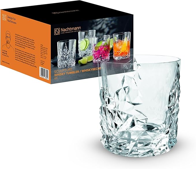 Nachtmann Sculpture 12oz Whiskey Tumbler (Set of 4) - Heavy Base Crystal Glass for Scotch, Bourbon, Cocktails, Liquor, Elegant & Durable Barware, Dishwasher Safe - Modern Glassware Set