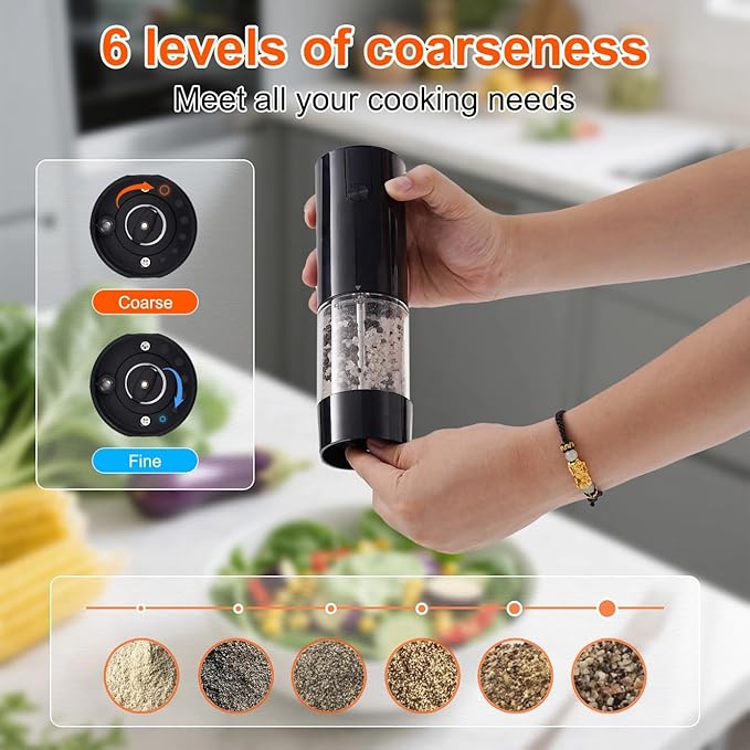 Fresh World 2Pack Electric Salt and Pepper Grinder Set Rechargeable with LED Light, Adjustable Coarseness Large Capacity Automatic Salt Pepper Mill Grinder for Kitchen, Restaurant, Outdoor, Black