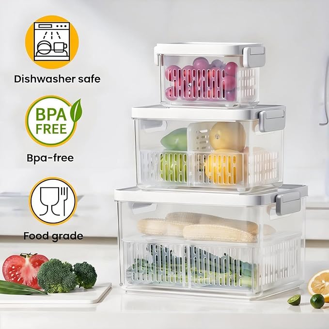 vacane Produce Saver, Fruit Storage Containers Produce Containers Berry Containers with Colanders, 3.8 Cup