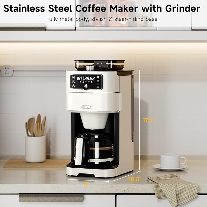 Drip Coffee Maker with Built-in Grinder, 10-Cup Coffee Machine with 24-Hour Delay Timer, Touch Screen, Self-Cleaning, Reusable Filter, 1.5L Removable Water Tank, Warming Plate, White