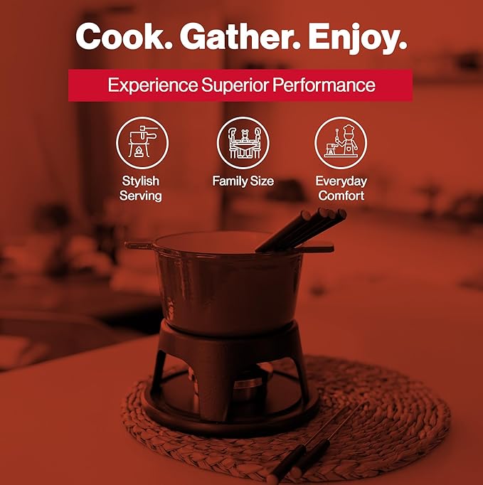 Swissmar Sierra Cast Iron Fondue Set, 1.6 Quart / 1.6 Liter – Perfect for Meat, Cheese, & Chocolate Fondues – Ideal for Family Bonding & Hosting Gifts - 12-Pieces, Cherry Red