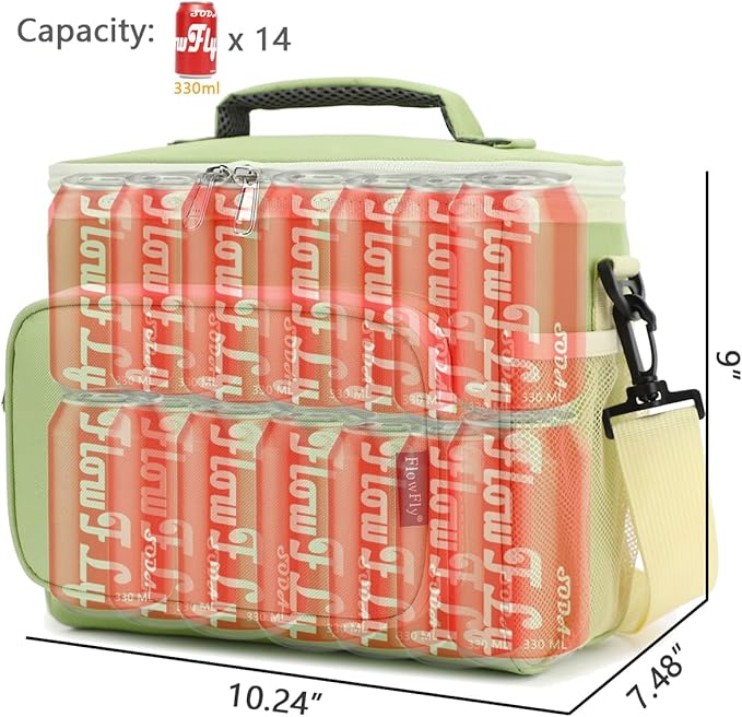 FlowFly Insulated Reusable Lunch Bag Adult Large Lunch Box for Women and Men with Adjustable Shoulder Strap,Front Zipper Pocket and Dual Large Mesh Side Pockets,Light Matcha