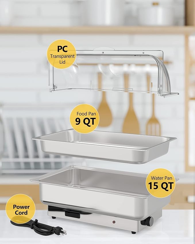 9QT Electric Chafing Dish with Temperature Control, Commercial-GradeFull Size Pan Stainless Steel Buffet Food Warmer Server for Catering, Parties, Weddings and Events