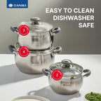 Daniks Modern 6-Piece Stainless Steel Cookware Set with Glass Lids, Tri-Ply Bases for Even Heating, Induction Compatible, Dishwasher Safe, Heatproof Handles