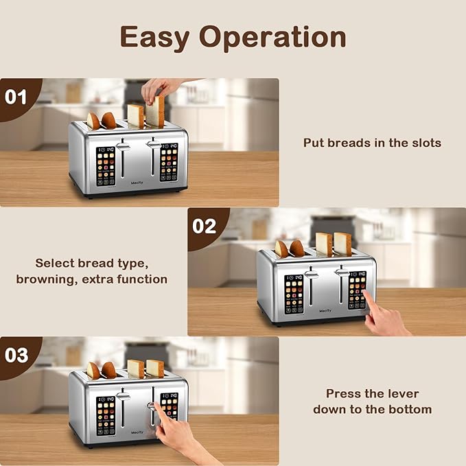 Mecity 4 Slice Toaster with Touch Screen Control, 4 Wide Slots, Stainless Steel Smart Bread Toaster for Bagels, Muffins, Waffles, Dual Control Panel, Timer, Defrost, Reheat, 120V 1650W