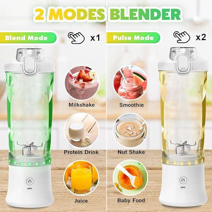 Portable Blender Personal Juicer for Shakes and Smoothies - 20 OZ Electric Protein Shaker Bottle with Insulated Sleeve, Travel Lid, USB-C Rechargeable - Mini Small Blender Cup for Kitchen, Office, Gym