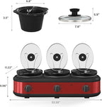 Triple Slow Cooker, 3 x 1.5 QT Portable Small Dual Crock Cooker, Buffet Servers and Warmers Dishwasher Safe, Removable Ceramic Pot Glass Lid, Stainless Steel, Red