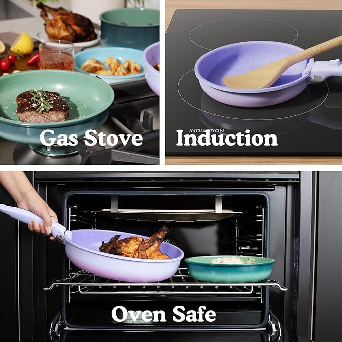 Ombré Titanium Ceramic Cookware Set Non Toxic – 8 Pcs Non Stick Pots and Pans Set with Removable Handles, Magnetic Lid & Wooden Spatula for Cooking – Oven & Dishwasher Safe (Catalina Blue)