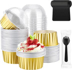 EUSOAR Gold Cupcake Liners and Sporks Disposable, 60pcs 5oz Disposable Aluminum Creme Brulee Muffin Ramekins with Lids，Foil Baking Cups with Lids for Picnic Wedding Birthday Party Family Gathering