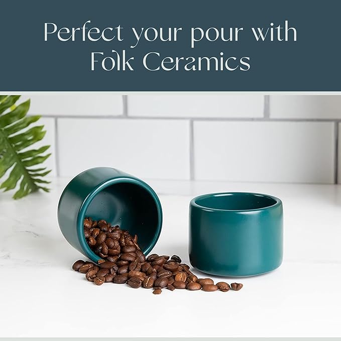 Folk Ceramics Leonard Ceramic Espresso Cups | Modern Stackable Demitasse Mugs for Espresso | Thick Walled, Handleless, Durable, Dishwasher & Microwave Safe | Set of 2, 3oz | Blue Emerald