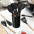 LIANYU 15-Piece Kitchen Silicone Cooking Utensils Set with Holder, Wooden Handle Kitchen Tools Include Spatula Tong Slotted Spoon Turner Whisk Brush, Black
