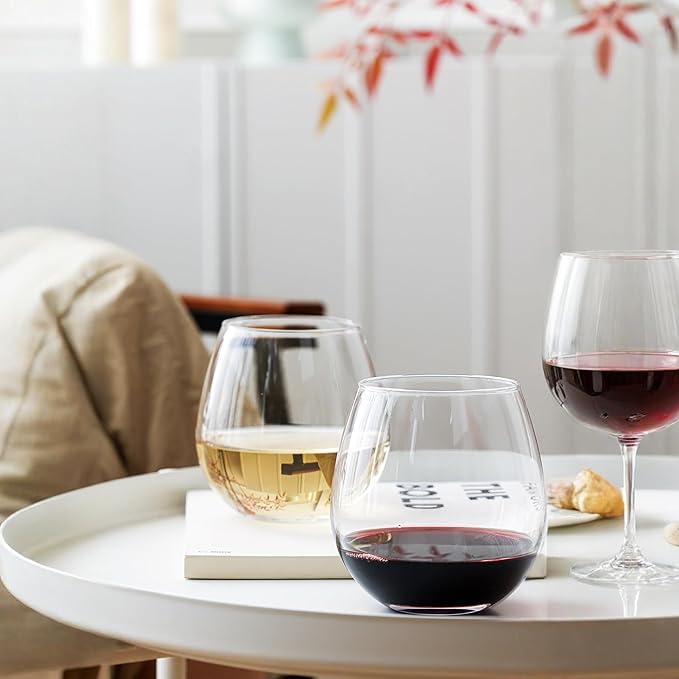 Stemless Wine Glasses Set of 4, 15oz Red & White Wine Glasses for Daily Use, Wedding, Birthdays, Housewarming Gift, Hosting, Home Bar, Evening Party(Clear)