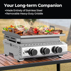 R.W.FLAME 3 Burner Tabletop Propane Griddle, 25" Stainless Steel Gas Griddle, 24,000 BTU Flat Top Grill for Outdoor BBQ,Camping & Patio Gatherings