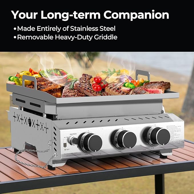 R.W.FLAME 3 Burner Tabletop Propane Griddle, 25" Stainless Steel Gas Griddle, 24,000 BTU Flat Top Grill for Outdoor BBQ,Camping & Patio Gatherings