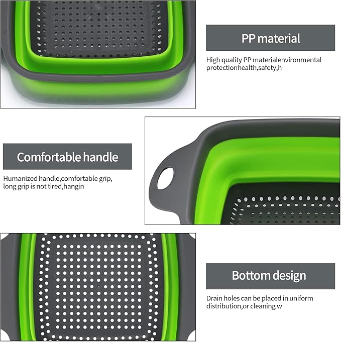 Collapsible Colander Set of 3 Square Silicone Kitchen Strainer Set 1 pcs 9.6 Quart, 1 pcs 6 Quart,1 pcs 4 Quart Perfect for Draining Pasta, Vegetable and fruit for Kitchen and Travel Use