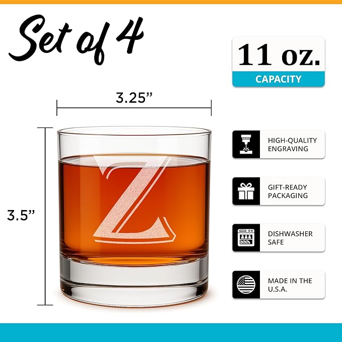 Monogrammed Gifts for Men - 4PC 11 Oz Custom Whiskey Glasses (Z-Monogram) - Engraved Whiskey Glasses - Personalized Whiskey Glasses - Unique Bourbon Glasses - Personalized Glass Gifts for Dad