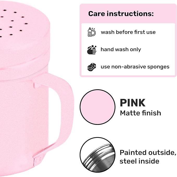 CUSINIUM 6oz Pink Stainless Steel Salt Pepper Dredge Shakers - With Plastic Cap - With Handle - Pack of 2