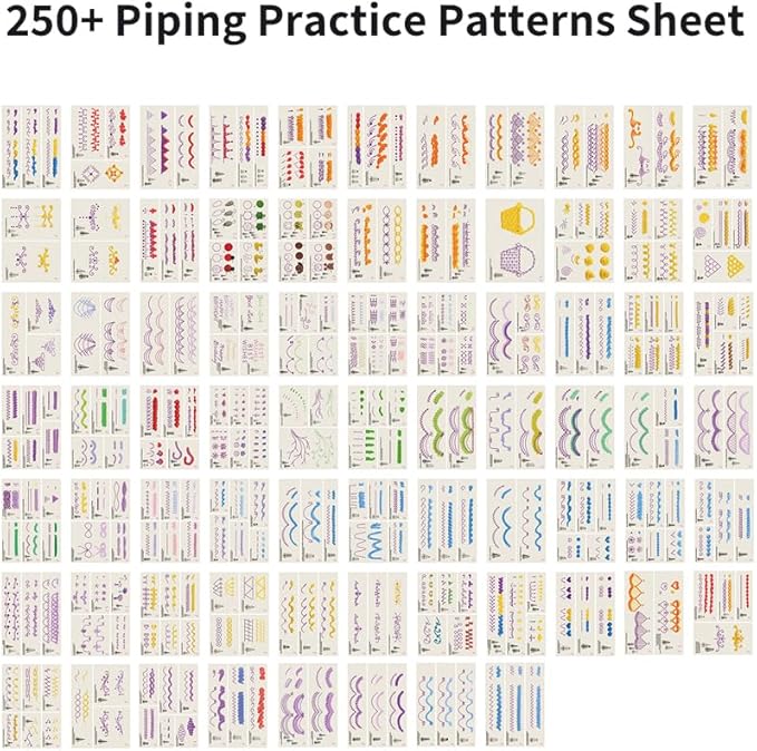 Piping Tips Practice Board Guide Paper Sheets 250+ Cake Decorating Tips Techniques Tutorial Patterns 74 Sheets/Set