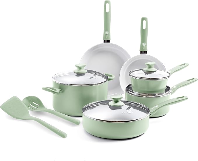 GreenPan Dover Healthy Ceramic Nonstick, 12 Piece Cookware Pots and Pans Set, PFAS-Free, Dishwasher Safe, Comfort Grip Handle, Pastel Green