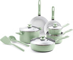 GreenPan Dover Healthy Ceramic Nonstick, 12 Piece Cookware Pots and Pans Set, PFAS-Free, Dishwasher Safe, Comfort Grip Handle, Pastel Green