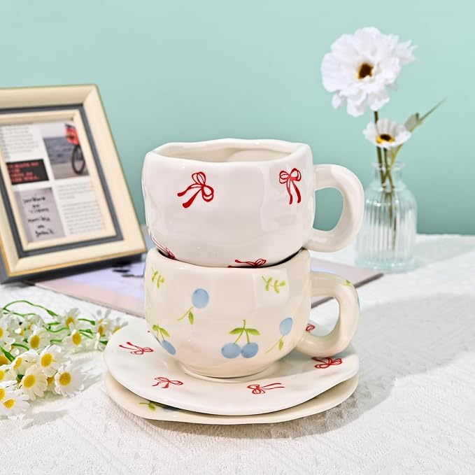 Koythin Ceramic Coffee Mug with Saucer Set, Cute Creative Fresh Fruit Cup Unique Irregular Design for Office and Home, 10 oz/300 ml for Latte Tea Milk