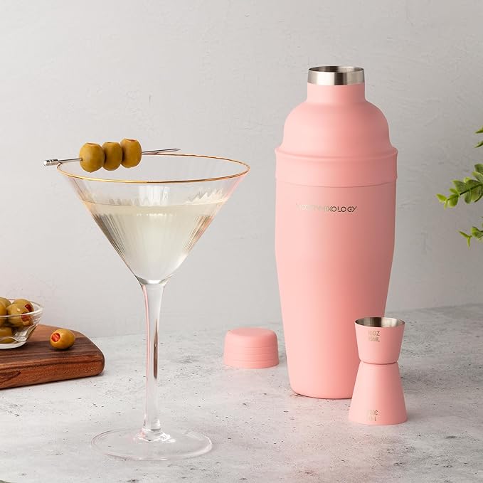 Mixology & Craft Matte Pink Bartender Kit – Cocktail Shaker and Jigger Set, 24oz Drink Mixer with Cap – Home Bar Tools for Mixing Cocktails, Martini, Margarita – Sleek Gift for Men & Women