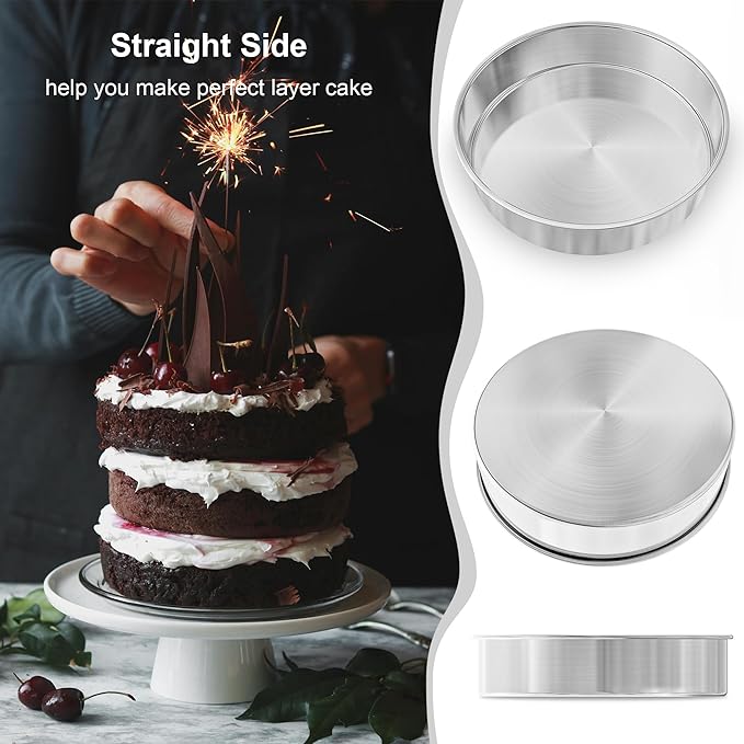 8 Inch Cake Pan Set of 3, Nonstick Circle Round Cake Pans with 100PCS Pre-cut Parchment Papers for Layer Cake, Non-Toxic Stainless Steel Baking Pans Set for Birthday Christmas Wedding, Dishwasher Safe